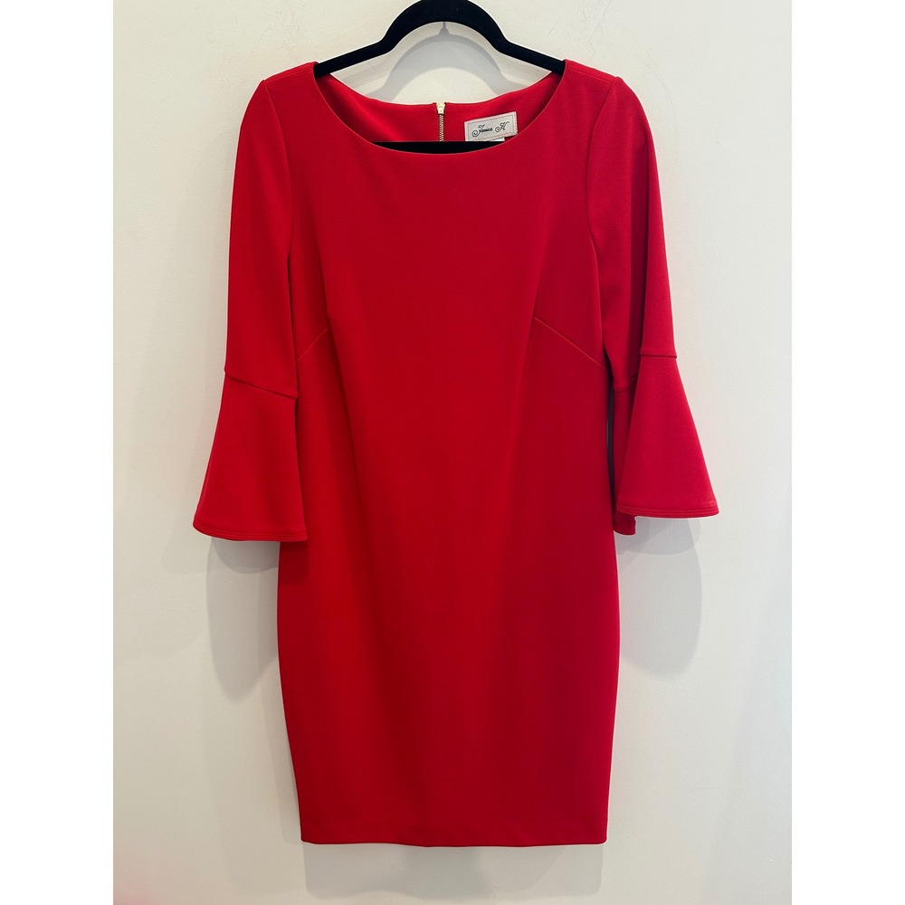 Jessica H Red Bell Sleeve Sheath Dress Boat Neck Gold Zip Size 12 NWOT
